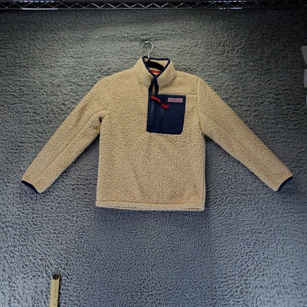 Vineyard Vines Sweater Girls Small Tan Sherpa Fleece 1/4 Zip Navy Accents